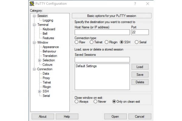 دومین قدم آموزش نرم‌افزار PuTTY: تنظیم اتصال و ذخیره کردن آدرس سرور