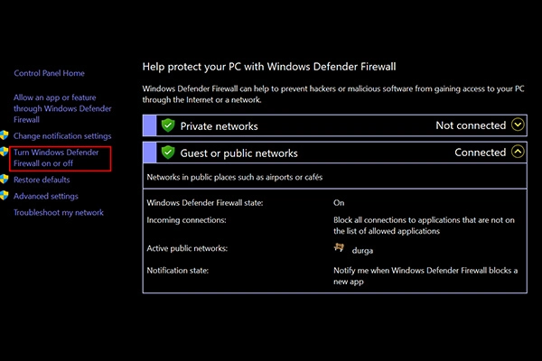  Turn Windows Defender Firewall on or off